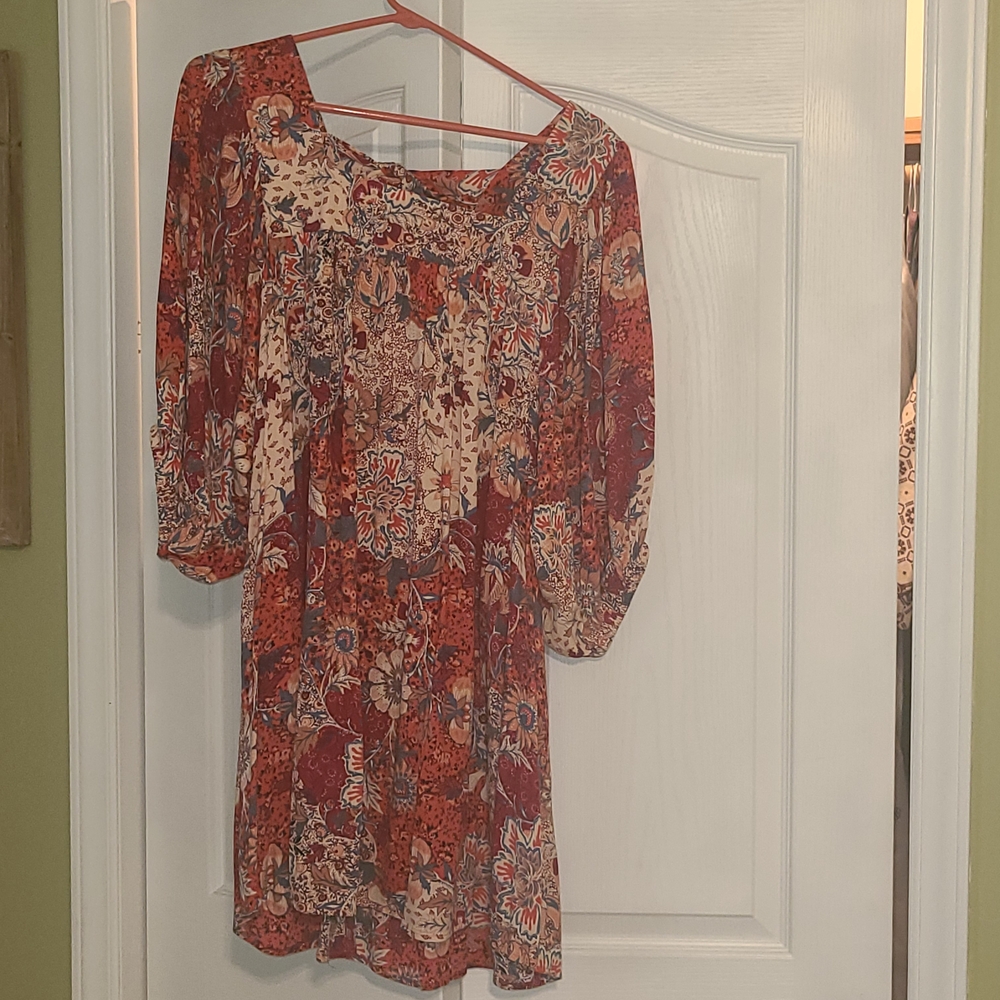 Rust Floral Boho Mini Dress - Smocked Yoke